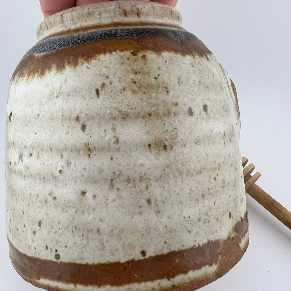 Golden Pottery Honey Jar Crock Lid Wood Dipper Heavy Stoneware Vintage